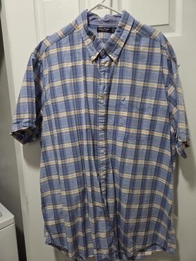 Nautica Short-Sleeve Plaid Button-Down Shirt in Blue and Cream